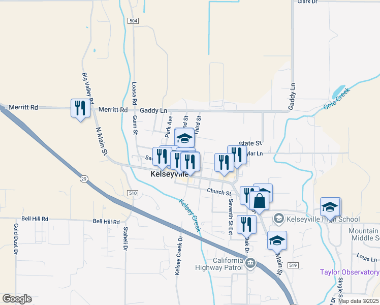 map of restaurants, bars, coffee shops, grocery stores, and more near 5187 Third Street in Kelseyville