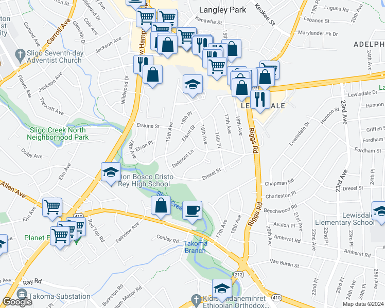 map of restaurants, bars, coffee shops, grocery stores, and more near 1521 Delmont Lane in Takoma Park