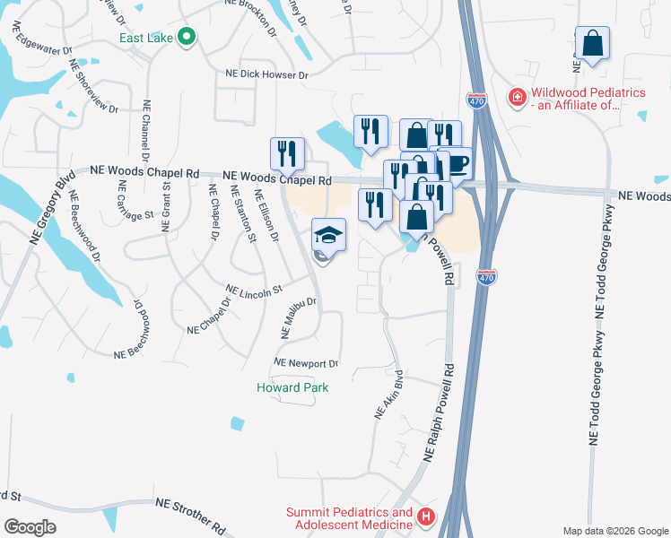 map of restaurants, bars, coffee shops, grocery stores, and more near 3701 Northeast Independence Avenue in Lee's Summit