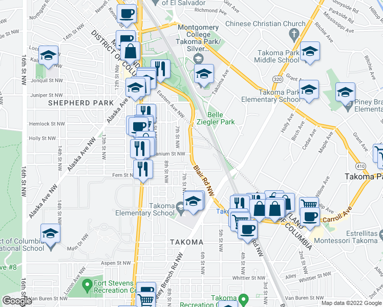 map of restaurants, bars, coffee shops, grocery stores, and more near Blair Rd NW & Geranium St NW in Washington