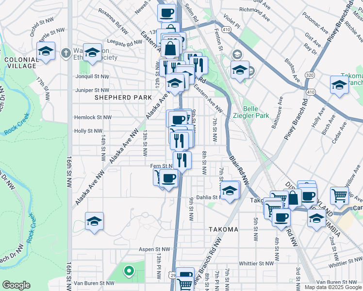 map of restaurants, bars, coffee shops, grocery stores, and more near Georgia Avenue & Geranium Street Northwest in Washington