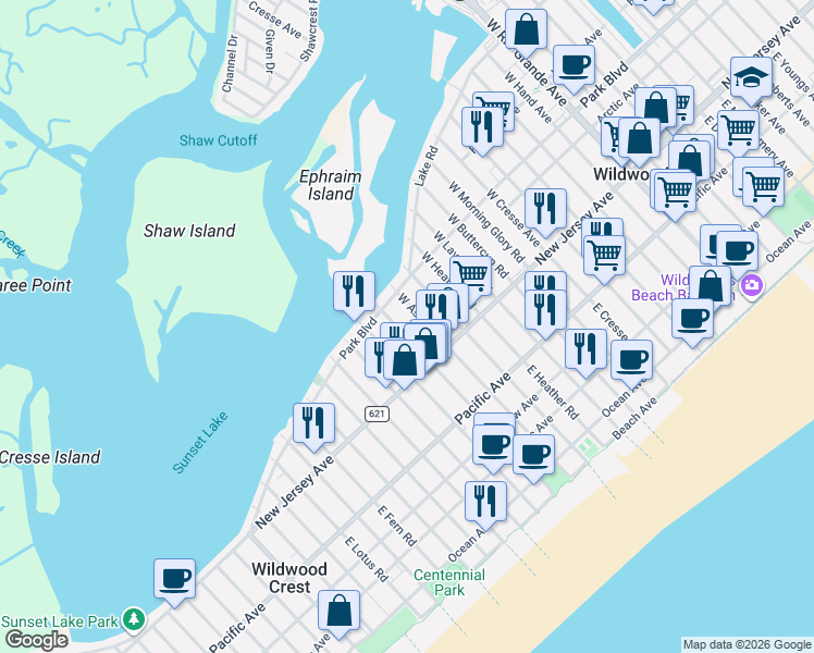 map of restaurants, bars, coffee shops, grocery stores, and more near 121 West Cardinal Road in Wildwood Crest