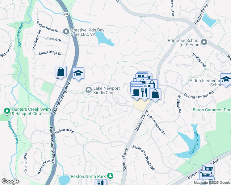 map of restaurants, bars, coffee shops, grocery stores, and more near 11707 Summerchase Circle in Reston