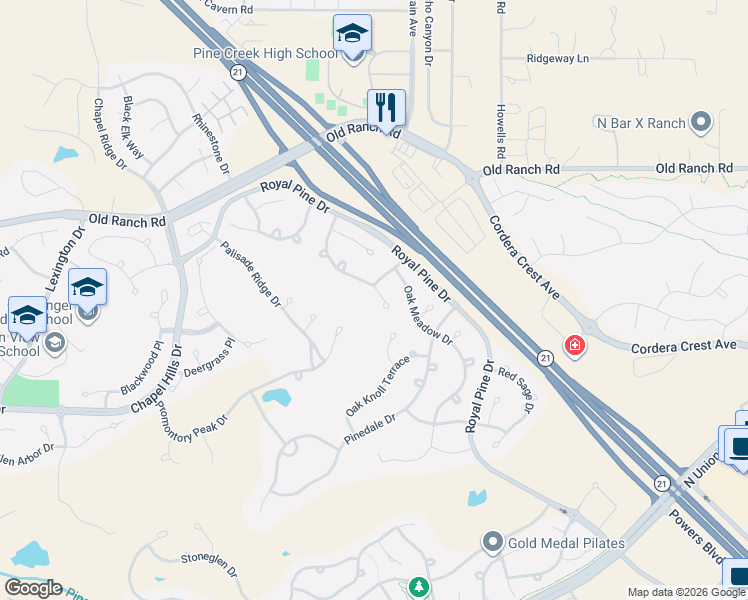 map of restaurants, bars, coffee shops, grocery stores, and more near 10023 Pine Glade Drive in Colorado Springs