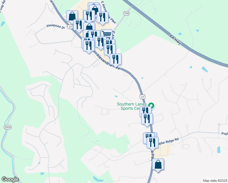 map of restaurants, bars, coffee shops, grocery stores, and more near 7541 Alexandria Pike in Alexandria