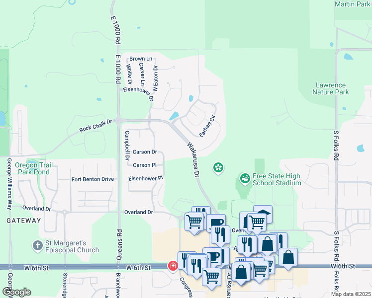 map of restaurants, bars, coffee shops, grocery stores, and more near 400 Wakarusa Drive in Lawrence