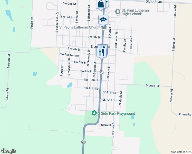 map of restaurants, bars, coffee shops, grocery stores, and more near 912 South Gordon Street in Concordia