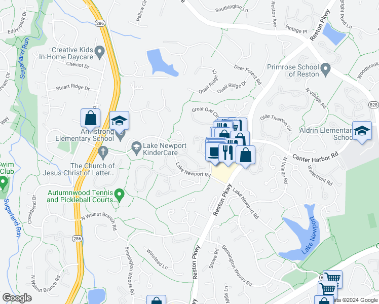 map of restaurants, bars, coffee shops, grocery stores, and more near 11717 Summerchase Circle in Reston