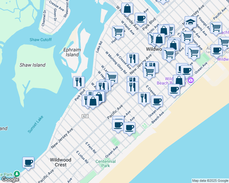 map of restaurants, bars, coffee shops, grocery stores, and more near 113 East Crocus Road in Wildwood Crest