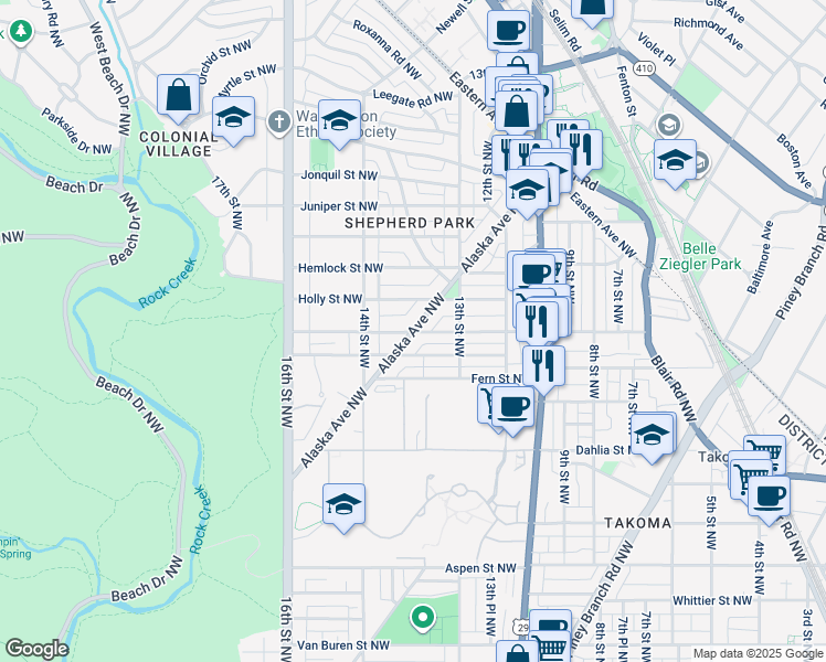 map of restaurants, bars, coffee shops, grocery stores, and more near Alaska Avenue Northwest in Washington