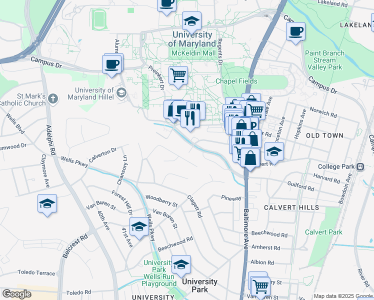 map of restaurants, bars, coffee shops, grocery stores, and more near 7112 Rossburg Drive in College Park