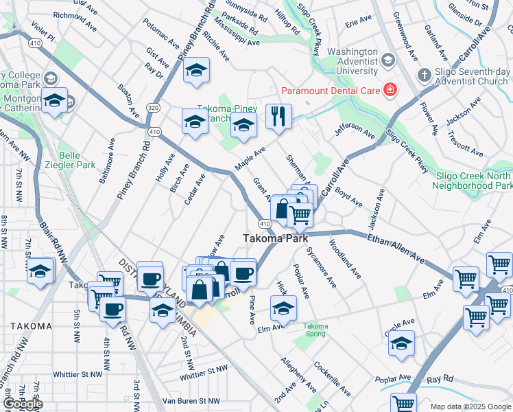 map of restaurants, bars, coffee shops, grocery stores, and more near 28 Philadelphia Avenue in Takoma Park
