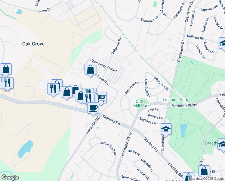 map of restaurants, bars, coffee shops, grocery stores, and more near 46073 Trefoil Lane in Sterling