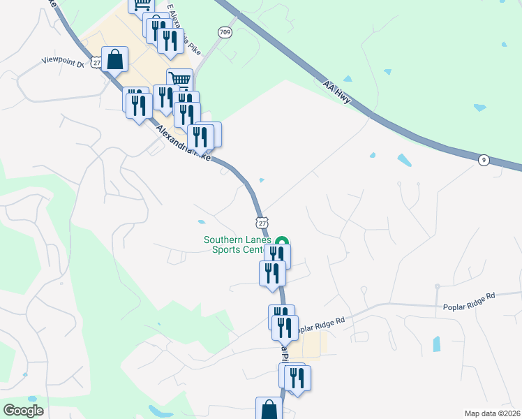 map of restaurants, bars, coffee shops, grocery stores, and more near 7612 Alexandria Pike in Alexandria