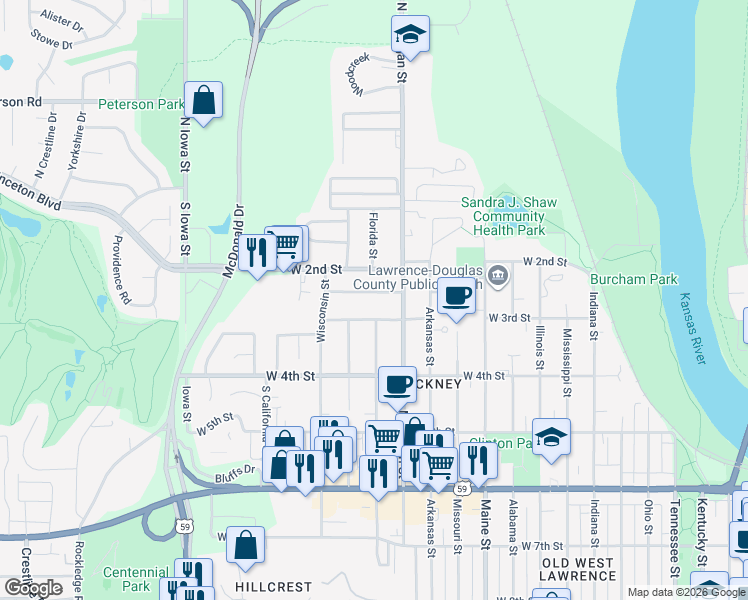 map of restaurants, bars, coffee shops, grocery stores, and more near 1514 West 3rd Street in Lawrence