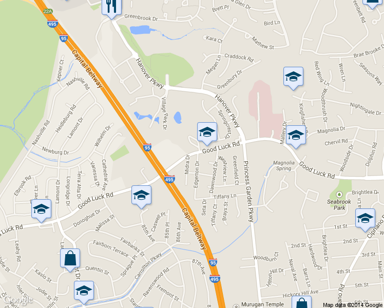 map of restaurants, bars, coffee shops, grocery stores, and more near Good Luck Road in Greenbelt