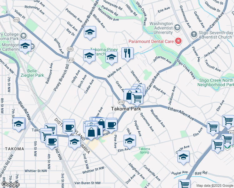 map of restaurants, bars, coffee shops, grocery stores, and more near 28 Philadelphia Avenue in Takoma Park