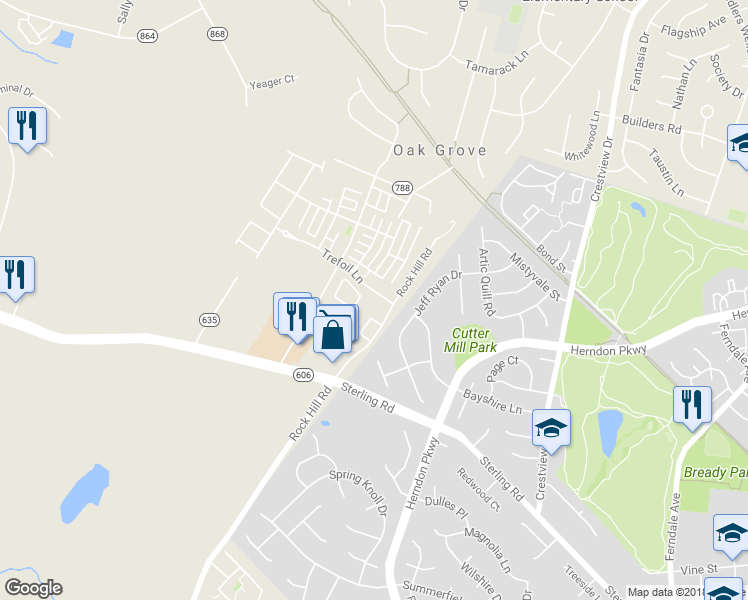 map of restaurants, bars, coffee shops, grocery stores, and more near 46073 Trefoil Lane in Sterling