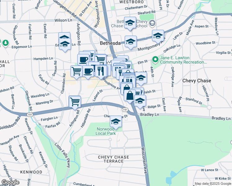 map of restaurants, bars, coffee shops, grocery stores, and more near 7036 Strathmore Street in Chevy Chase