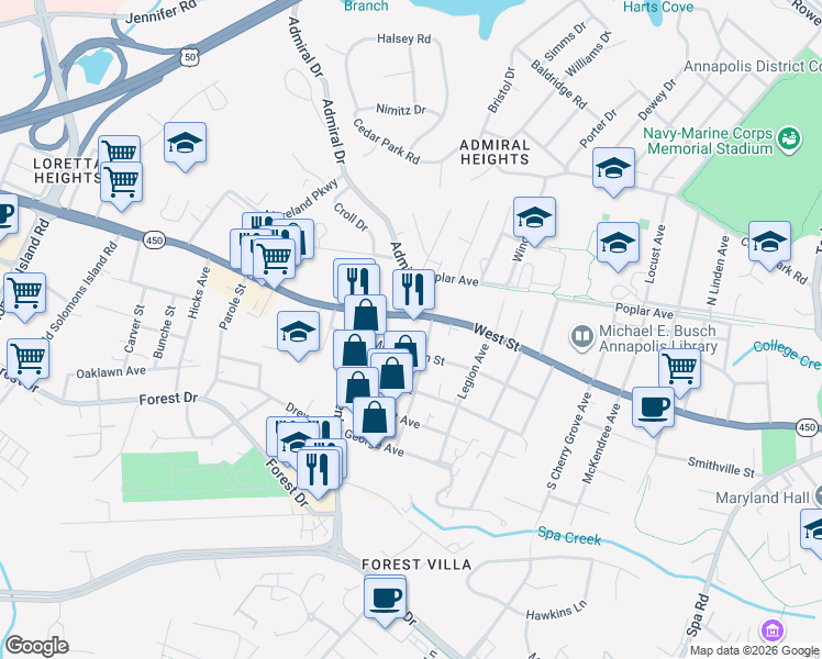 map of restaurants, bars, coffee shops, grocery stores, and more near 1803 West Street in Annapolis