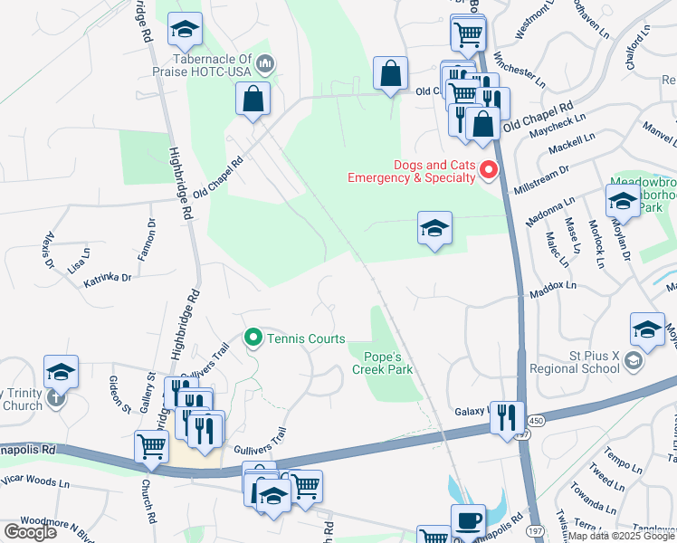 map of restaurants, bars, coffee shops, grocery stores, and more near 6425 Gwinnett Lane in Bowie