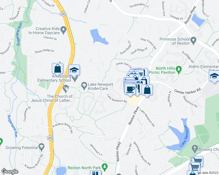 map of restaurants, bars, coffee shops, grocery stores, and more near 11705 Summerchase Circle in Reston