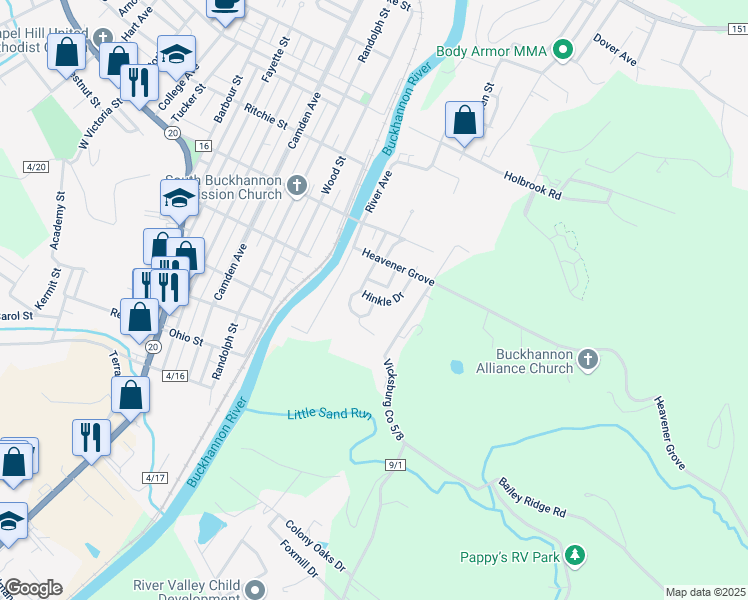 map of restaurants, bars, coffee shops, grocery stores, and more near 1 Hinkle Drive in Buckhannon