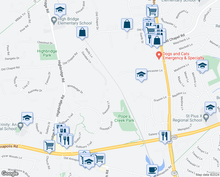 map of restaurants, bars, coffee shops, grocery stores, and more near 6425 Gwinnett Lane in Bowie