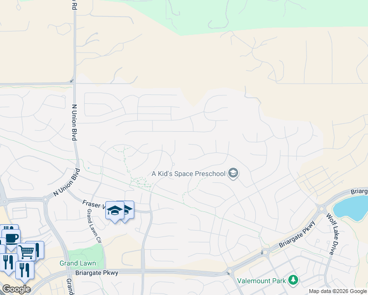 map of restaurants, bars, coffee shops, grocery stores, and more near 5202 Fraser Valley Lane in Colorado Springs