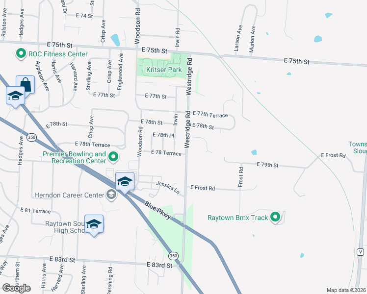 map of restaurants, bars, coffee shops, grocery stores, and more near 7823 Westridge Road in Raytown