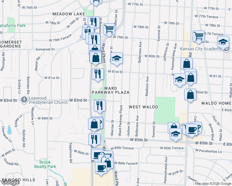 map of restaurants, bars, coffee shops, grocery stores, and more near 8225 Mercier Street in Kansas City