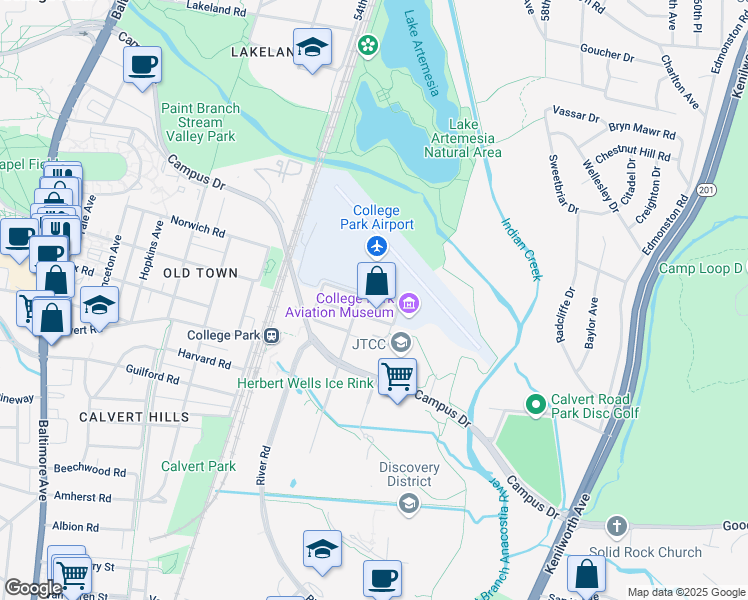 map of restaurants, bars, coffee shops, grocery stores, and more near Litton Road in Berwyn Heights