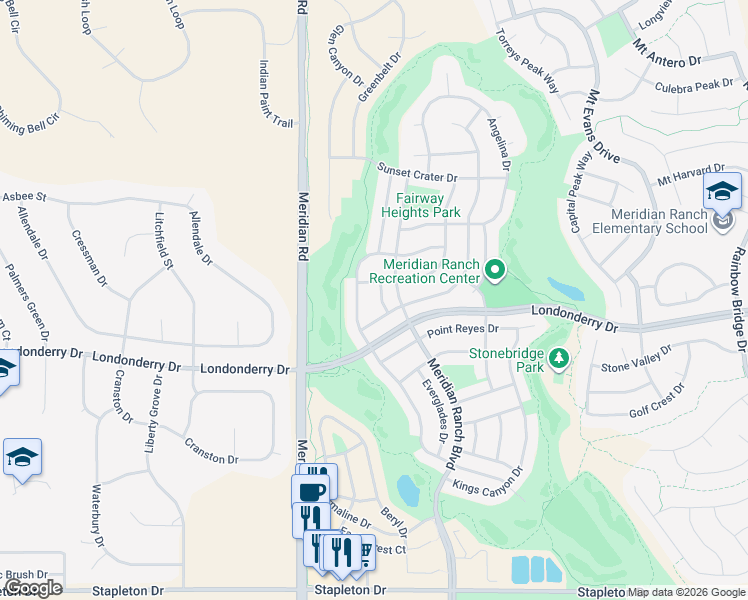 map of restaurants, bars, coffee shops, grocery stores, and more near 10342 Biscayne Drive in Peyton