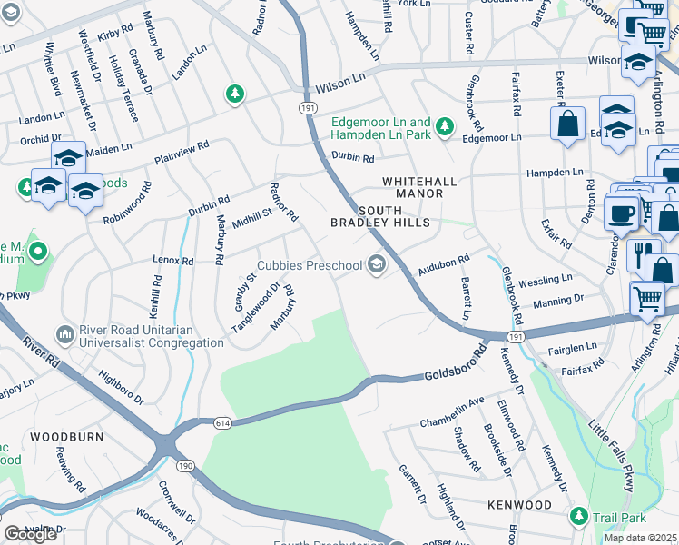map of restaurants, bars, coffee shops, grocery stores, and more near 5521 Brite Drive in Bethesda