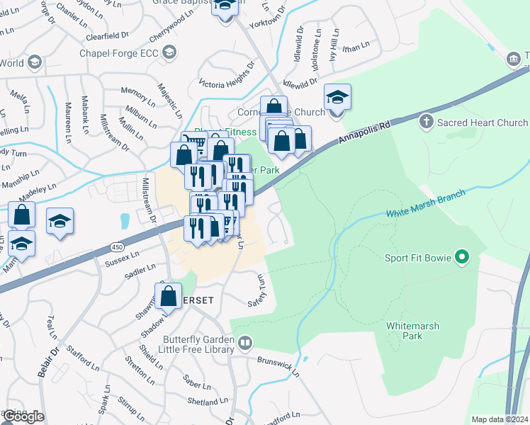 map of restaurants, bars, coffee shops, grocery stores, and more near 13106 Silver Maple Court in Bowie