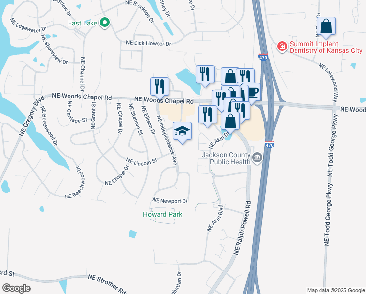 map of restaurants, bars, coffee shops, grocery stores, and more near 3701 Northeast Independence Avenue in Lee's Summit