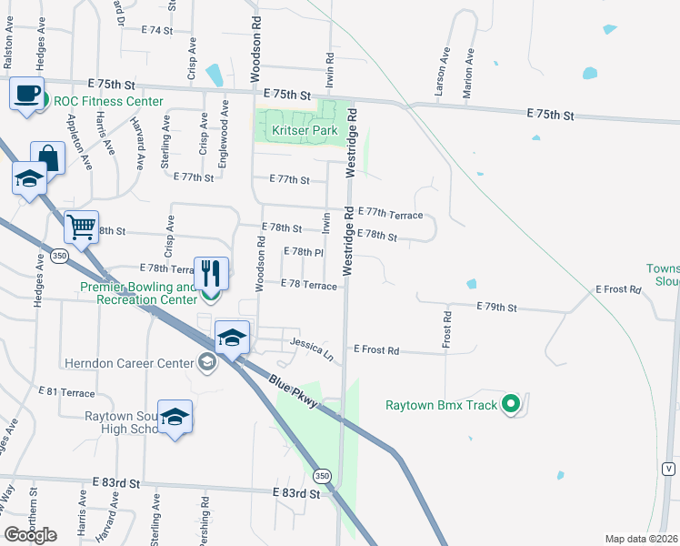 map of restaurants, bars, coffee shops, grocery stores, and more near 7823 Westridge Road in Raytown