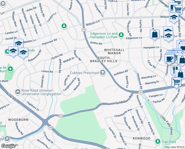 map of restaurants, bars, coffee shops, grocery stores, and more near 5521 Brite Drive in Bethesda