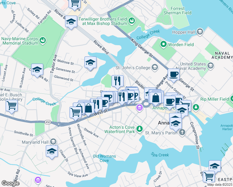 map of restaurants, bars, coffee shops, grocery stores, and more near 43 Clay Street in Annapolis