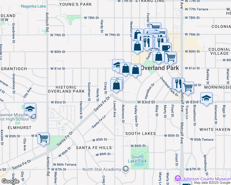 map of restaurants, bars, coffee shops, grocery stores, and more near 8215 Santa Fe Drive in Overland Park