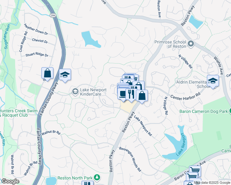 map of restaurants, bars, coffee shops, grocery stores, and more near 1519 North Point Drive in Reston