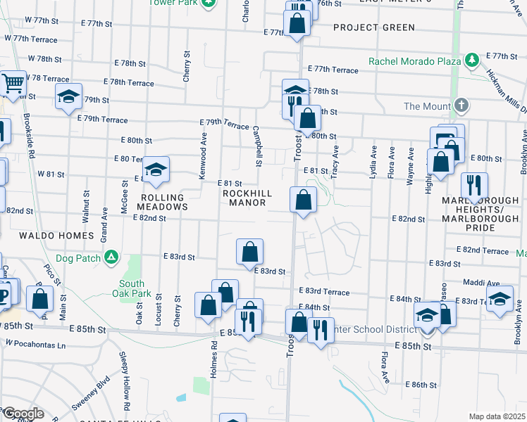 map of restaurants, bars, coffee shops, grocery stores, and more near 8230 East 82nd Street in Kansas City