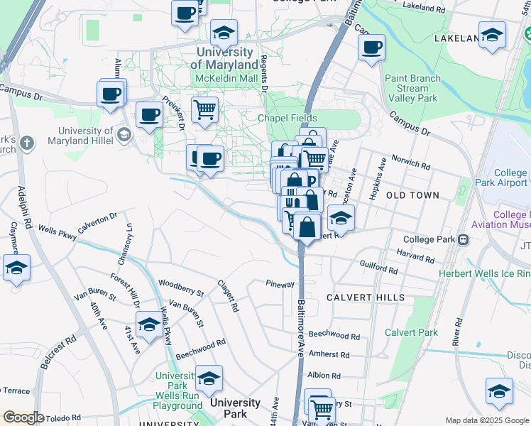 map of restaurants, bars, coffee shops, grocery stores, and more near 4321 Hartwick Road in College Park