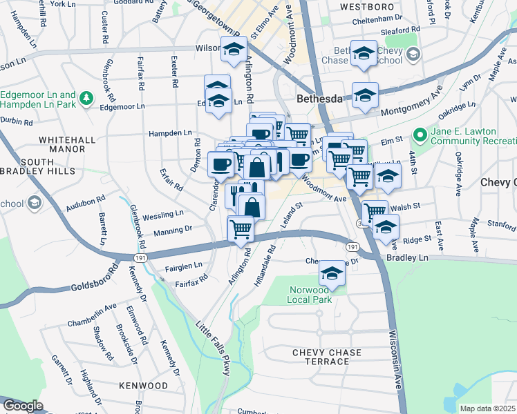 map of restaurants, bars, coffee shops, grocery stores, and more near 7001 Arlington Road in Bethesda