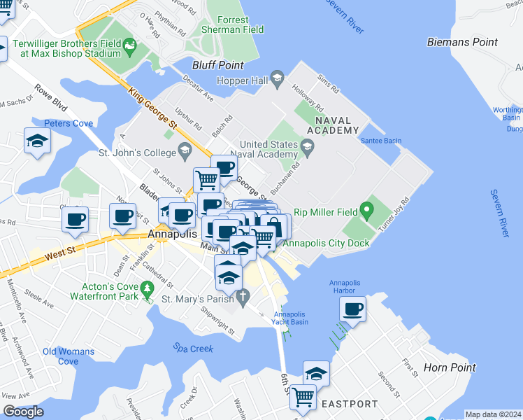 map of restaurants, bars, coffee shops, grocery stores, and more near 4 Martin Street in Annapolis