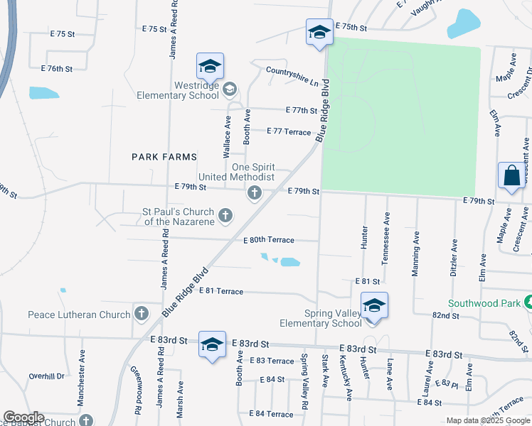 map of restaurants, bars, coffee shops, grocery stores, and more near 7915 Blue Ridge Boulevard in Raytown
