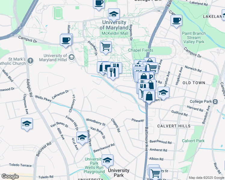 map of restaurants, bars, coffee shops, grocery stores, and more near 4233 Guilford Drive in College Park