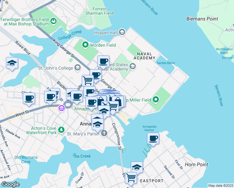 map of restaurants, bars, coffee shops, grocery stores, and more near 153 King George Street in Annapolis