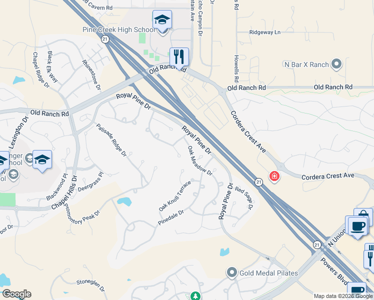 map of restaurants, bars, coffee shops, grocery stores, and more near 10023 Pine Glade Drive in Colorado Springs