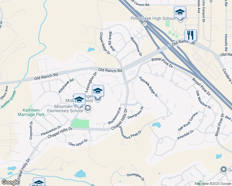 map of restaurants, bars, coffee shops, grocery stores, and more near 3214 Blackwood Place in Colorado Springs